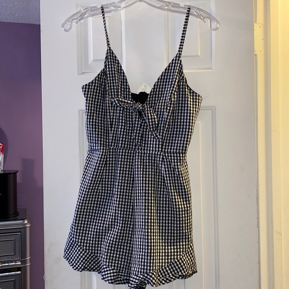 LF black and white gingham tie front romper